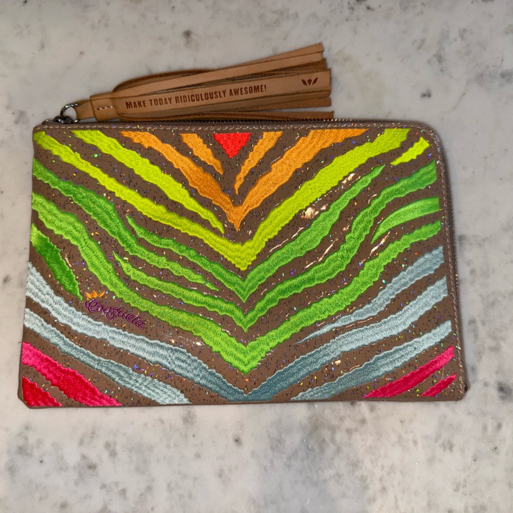 Consuela L-Shaped Clutch. Neon Zebra Embroidery